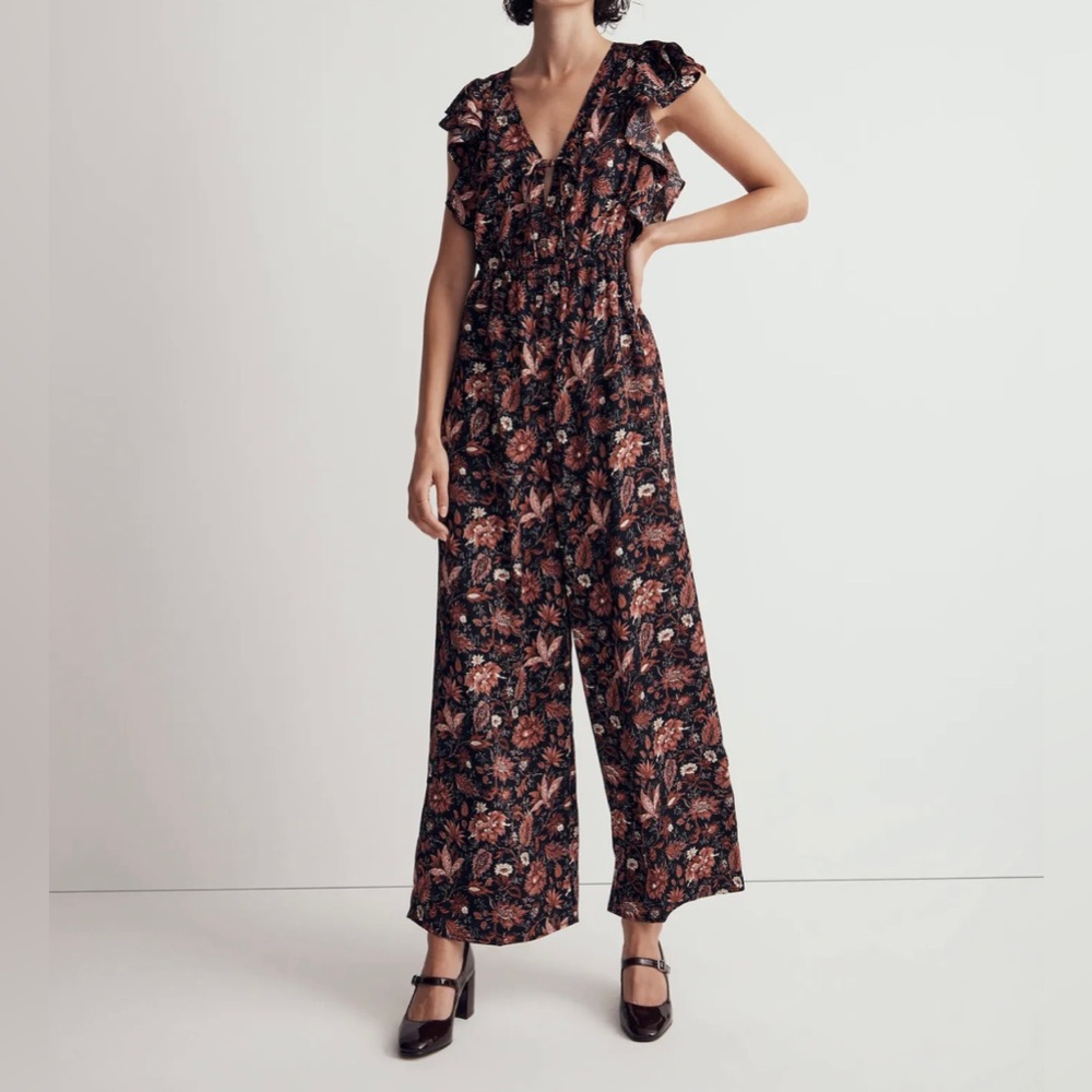 MADEWELL Women’s Floral Black Jumpsuit with Ruffle Sleeves and Pockets Large